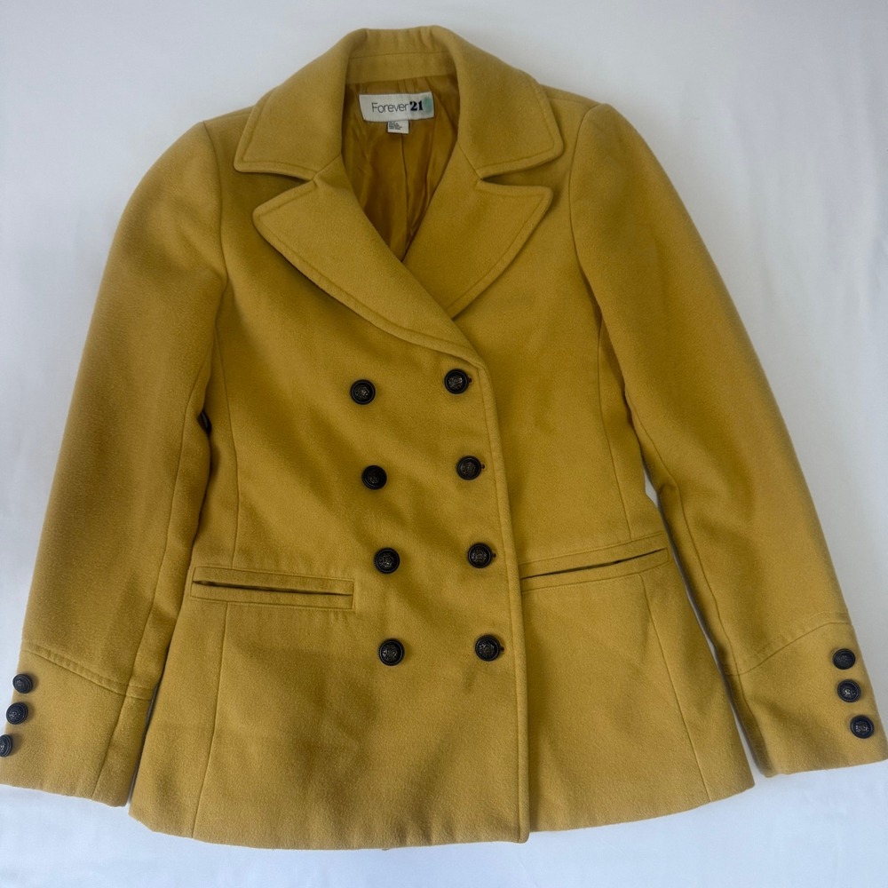 Forever 21‎ Mustard Yellow Double Breasted Wool Blend Peacoat Jacket Womens S - Picture 2 of 13